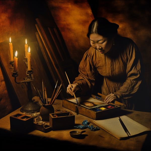 Illegaal werk in schilderkunst: Rembrandt-stijl voorstelling van zwartwerken bij kaarslicht Schilder werkt in het geheim bij kaarslicht, hint naar zwartwerken met verborgen geldkistje op tafel