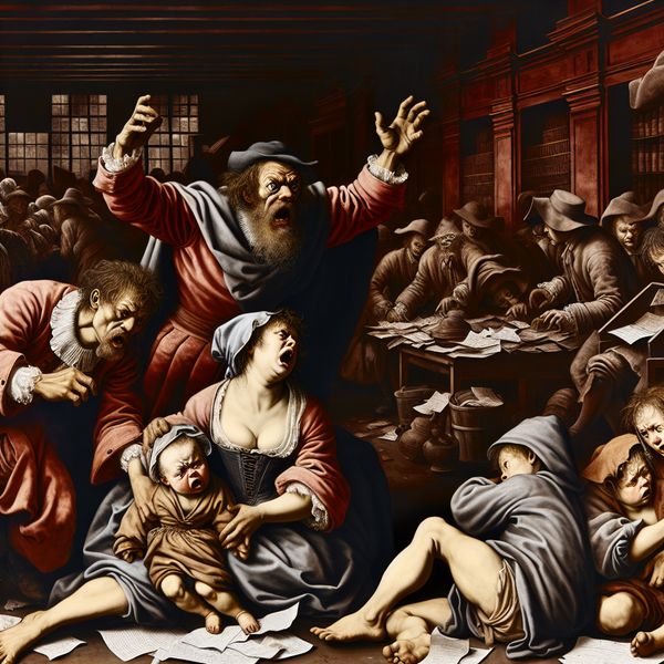 Barokke scène van een dreigende man die chaos veroorzaakt in een gezin, symboliserend een bron van ellende en frustratie
