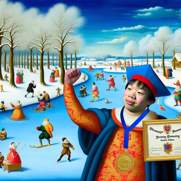 Winterlandschap: Zwemdiploma Viering in Hendrick Avercamp Stijl Winterlandschap met jongen en zijn zwemdiploma bij een bevroren vijver