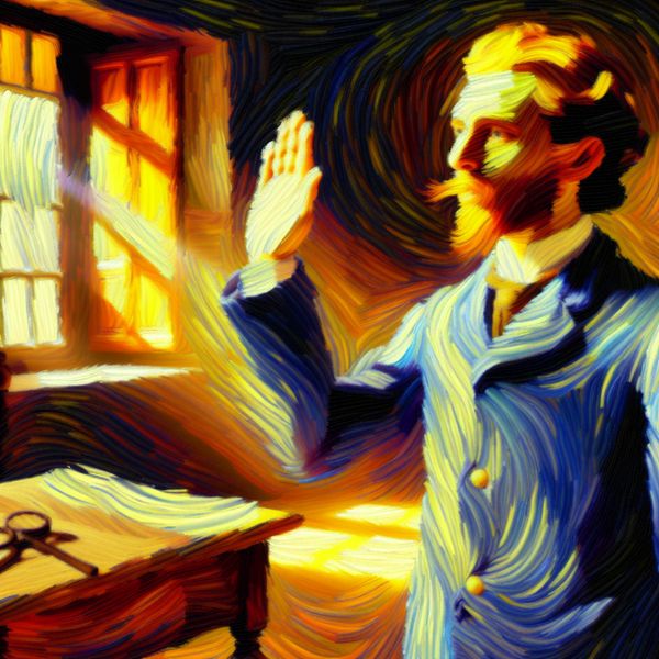 Zweren met zekerheid - expressieve taalkunde illustratie in Van Gogh-stijl Persoon zweert met grote zekerheid in een expressief Van Gogh-schilderij met warme kleuren en dynamische penseelstreken